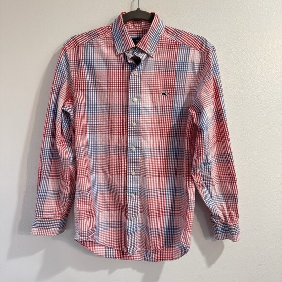 Vineyard Vines Whale Shirt Mens XS Gingham Check Plaid Button Front Red Blue - Picture 1 of 10